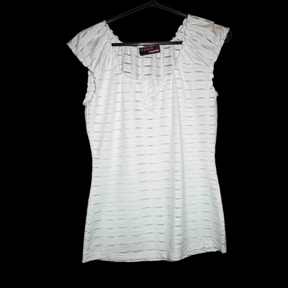 White Short Sleeve Textured Ruffle Neck Tee - Picture 2 of 2